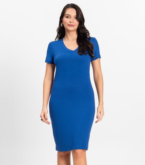 Vestido Feminino Em Ribana Canelada Rovitex Azul G