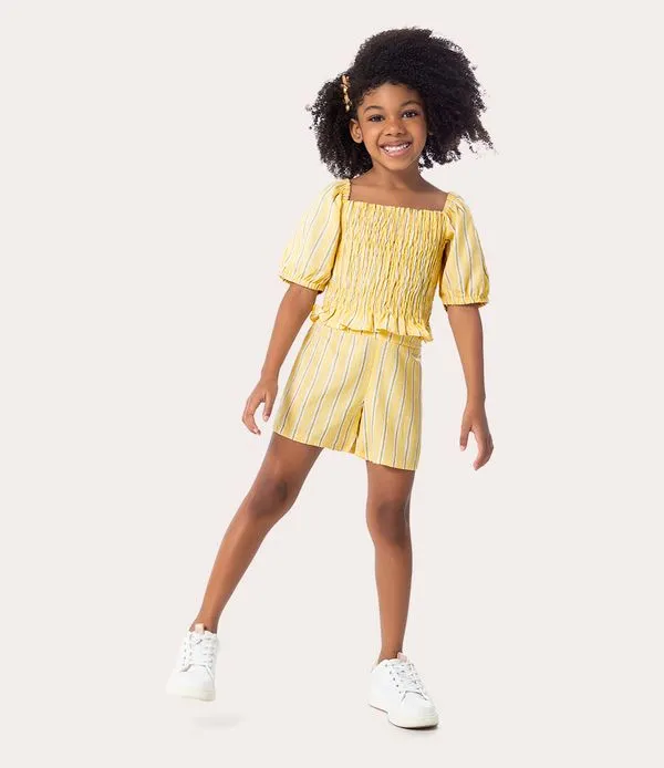 Conjunto Infantil Menina Listrado Manga Bufante Em Linho Malwee Kids Amarelo - 8