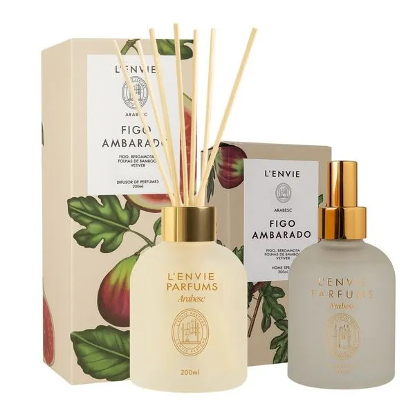 Kit Difusor de Perfumes 200ML e Home Spray Figo Ambarado Arabesc Frutal para Ambiente L'envie Kit Difusor de Perfumes 200ML e Home Spray Figo Ambarado Arabesc para Casa L'envie
