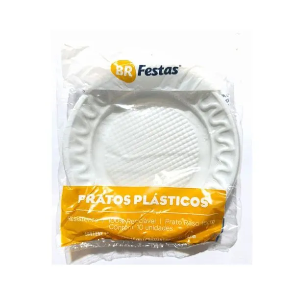 Prato Plástico BR Festas Branco 10 Unidades PRATO PLASTICO BR FESTAS 10UN BRANCO