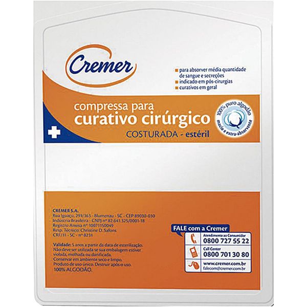 Cremer - Compressa para Curativo Cirúrgico Costurada Estéril - 10x15cm