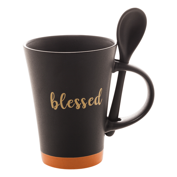 Caneca Com Colher em Cerâmica Blessed, 310ml, Preto Com Laranja - 28552 Caneca Com Colher em Cerâmica Blessed, 310ml, Preto Com Laranja - 28552