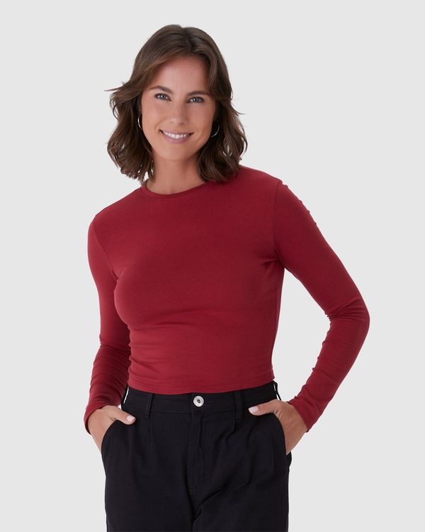 Blusa Cropped Feminina Decote Redondo Manga Longa Em Algodão Vermelho - M