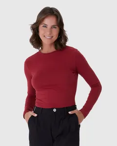 Blusa Cropped Feminina Decote Redondo Manga Longa Em Algodão Vermelho - M