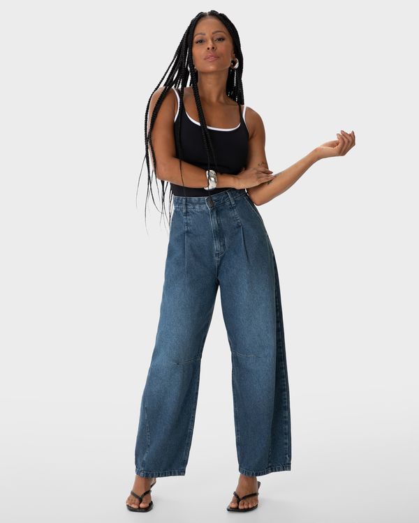 Calça Feminina Barrel Cintura Média Em Jeans 100% Algodão - ENFIM Azul - 40