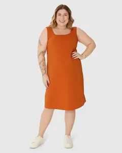 Vestido Feminino Plus Size Decote U Sem Manga Em Malha Canelada Gorgurinho Laranja - G3