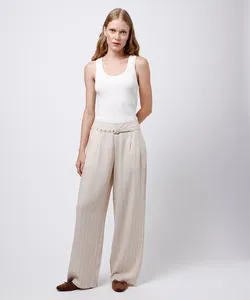 calça wide leg alfaiataria com linho listrada mindset bege 36