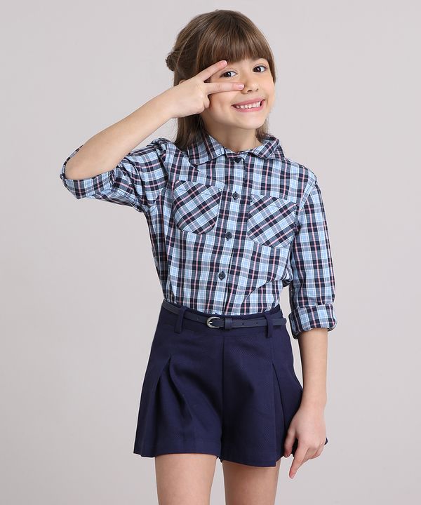 Camisa Infantil Xadrez com Bolsos Manga Longa Azul Claro 6