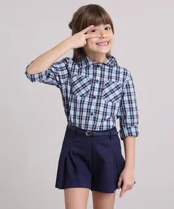 Camisa Infantil Xadrez com Bolsos Manga Longa Azul Claro 10