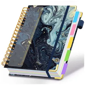 Caderno universitário espiral HDhuiun 8x10, 5 matérias, 300 páginas pautadas, divisórias com bolsos e abas, capa mármore azul marinho