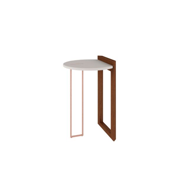 Mesa de Canto Redonda Linnea 60 cm c/Tampo de Vidro - Amêndoa/Off White