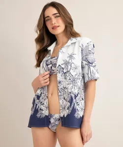 camisa de algodão estampada toile de jouy manga curta além dos mares noronha manu gavassi off white M