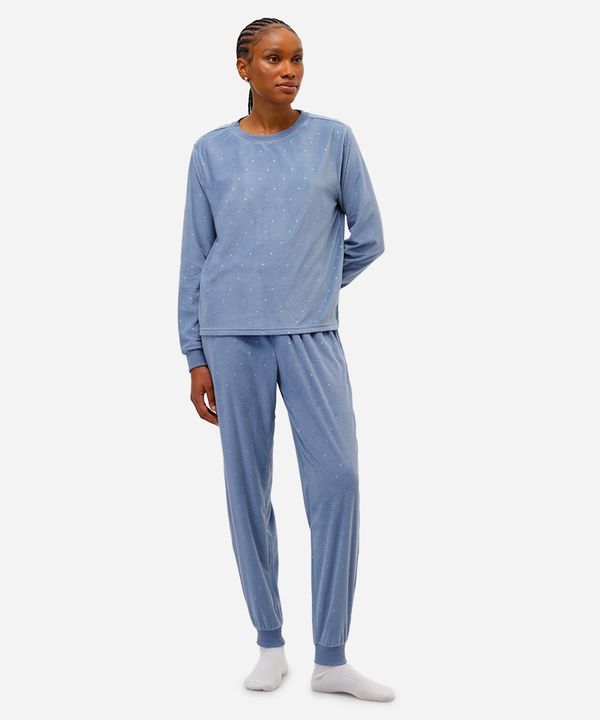 pijama longo feminino de plush estrelas azul M