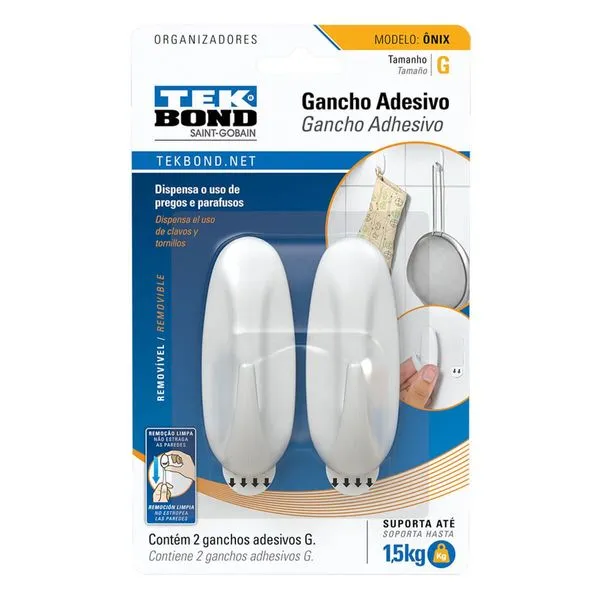 Gancho Adesivo Tekbond Ônix de Plástico Tamanho G 02 Unidades - Branco (MP)