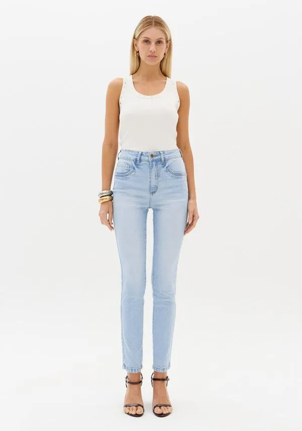 Calça Jeans Skinny Ankle Com Bolso Bordado Azul 38