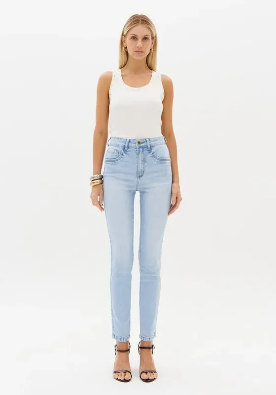 Calça Jeans Skinny Ankle Com Bolso Bordado Azul 38