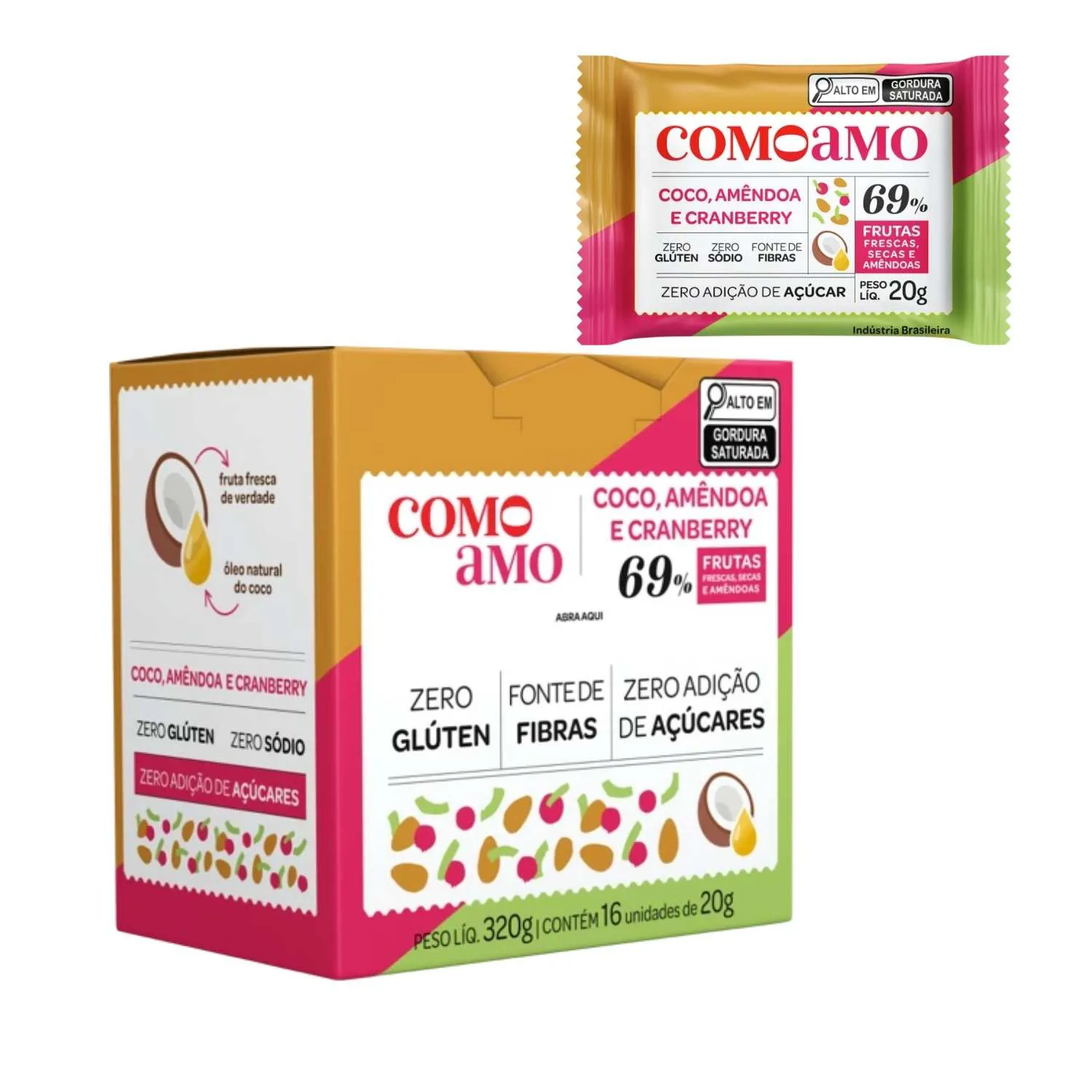 Snack De Coco Amêndoa E Cranberry Zero Açúcar ComoAmo - Caixa 16 Unidades 20g