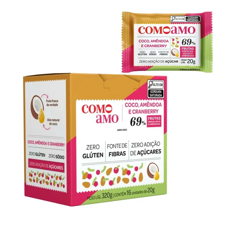 Snack De Coco Amêndoa E Cranberry Zero Açúcar ComoAmo - Caixa 16 Unidades 20g
