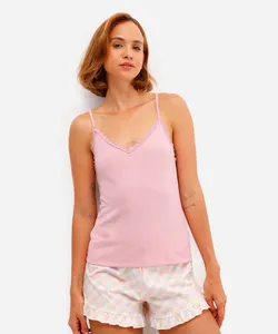 regata de pijama feminina canelada com renda rosa PP