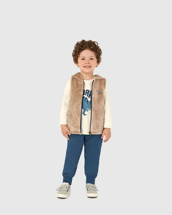 Conjunto Infantil Menino 3 Peças Colete + Camiseta + Calça Malwee Kids Marrom - 4
