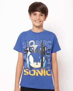 Camiseta Juvenil Algodão Sonic Manga Curta Azul 18