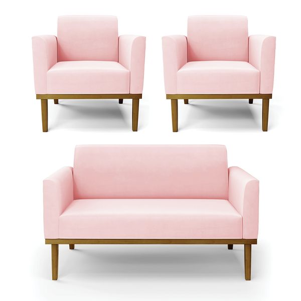 Sofá Namoradeira com 2 Poltronas Base de Madeira Fixa Castanho Marisa Suede Rosa Bebê D03 - D'Rossi