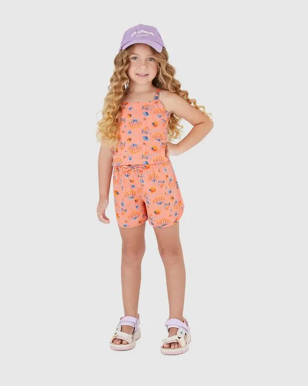 Shorts Infantil Menina Estampado Com Cadarço Em Algodão Malwee Kids Laranja - 16