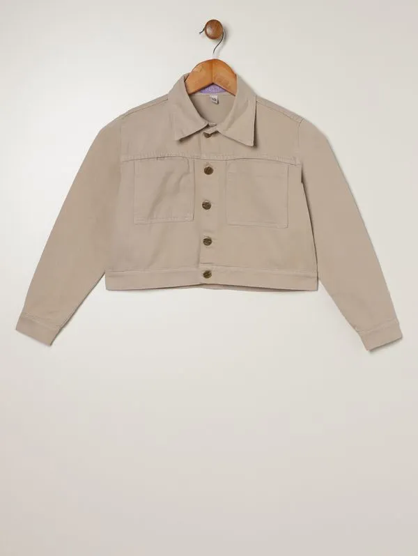Jaqueta Sarja Cropped Juvenil Para Menina - BEGE 10