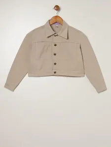 Jaqueta Sarja Cropped Juvenil Para Menina - BEGE 10