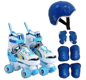 Patins Infantil Quad Ajustável + Kit Proteção Rodas Em Led 28-31 / Azul