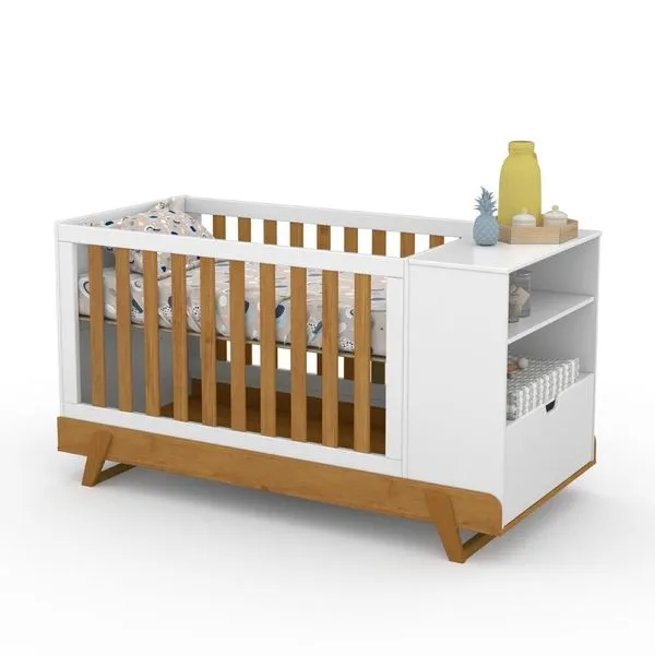 Berço Americano Multifuncional BKids Branco Soft / Freijó / Eco Wood