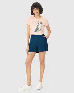 Shorts Alfaiataria Feminino Pregas Frontais Em Viscose Sarjada Azul - M
