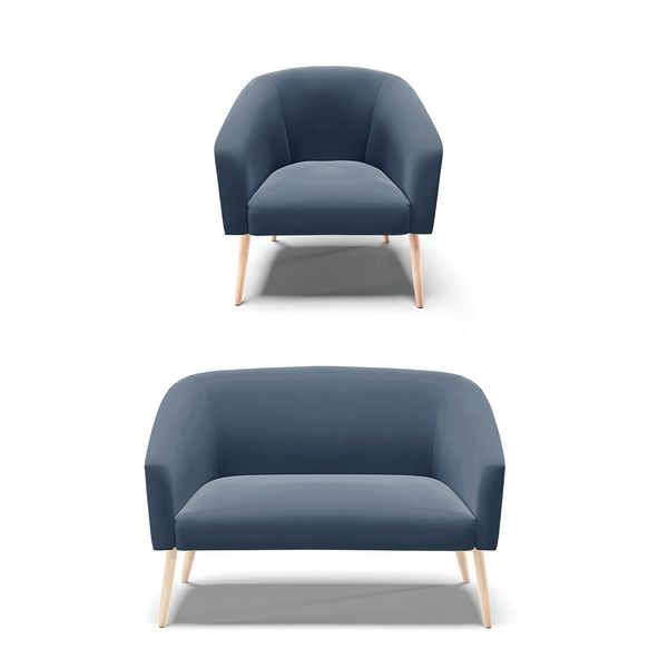 Sofá Namoradeira e Poltrona Pé Palito Natural Stella Suede Azul Marinho D03 - D'Rossi