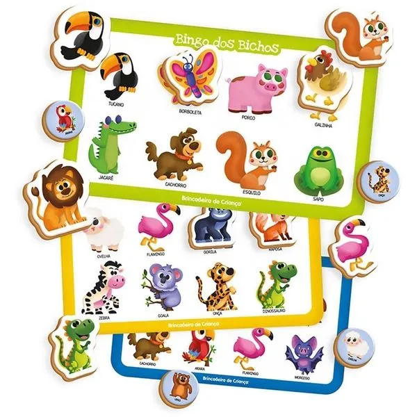 Jogo de Bingo Pre School Bichos com 68 Peças em Madeira Brincadeira de Criança Jogo de Bingo Pre School Bichos 68 Peças em Madeira Brincadeira de Criança