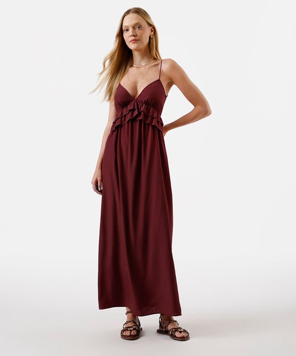 vestido midi feminino alça fina com babados vinho PP