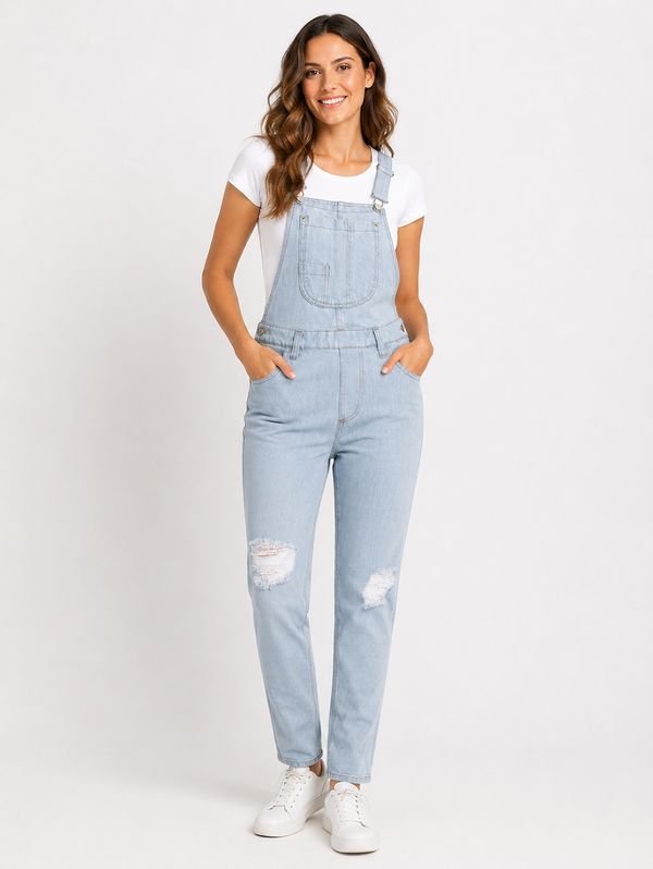 Jardineira Jeans Longa Destroyed Feminina AZUL 38
