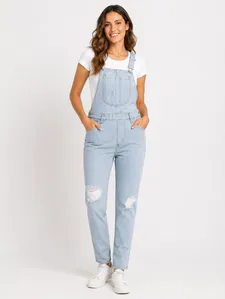 Jardineira Jeans Longa Destroyed Feminina AZUL 38