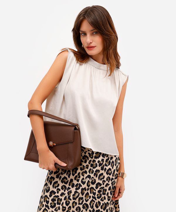 blusa feminina decote redondo franzida bege PP