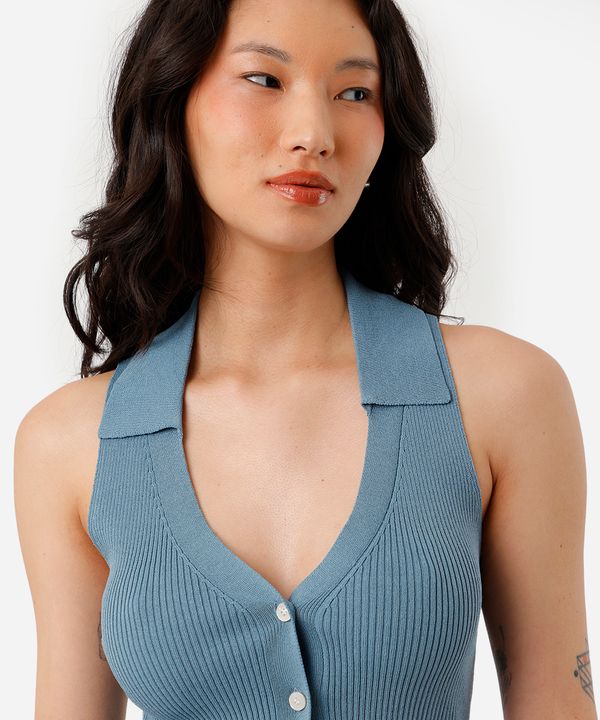 polo feminina de tricot decote v canelada azul G