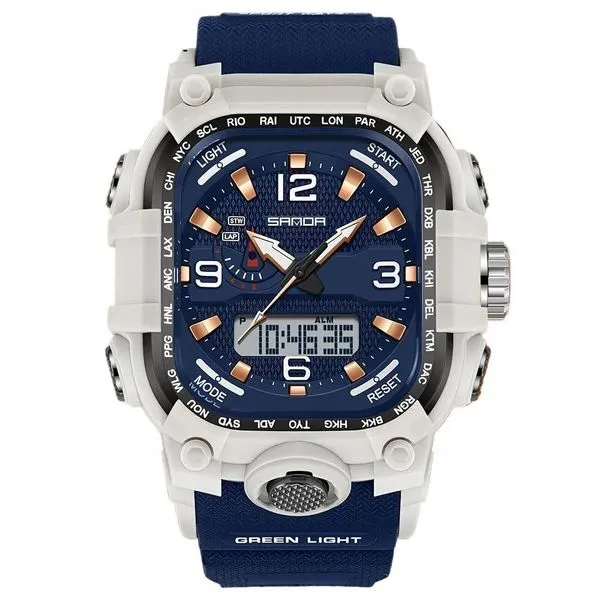 Relógio Digital Masculino Triplo Fuso Horário Cronômetro Alarme Campainha Branco Azul Sanda Relógio Digital Masculino Triplo Fuso Horário Alarme Branco Azul Sanda