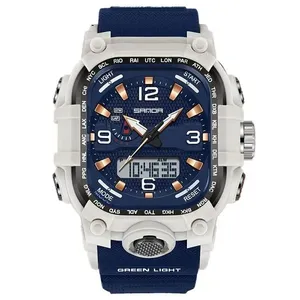 Relógio Digital Masculino Triplo Fuso Horário Cronômetro Alarme Campainha Branco Azul Sanda Relógio Digital Masculino Triplo Fuso Horário Alarme Branco Azul Sanda