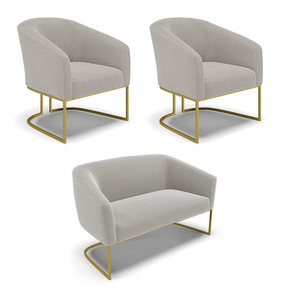 Namoradeira e 2 Poltronas Industrial Dourado Stella Bouclê Cinza D03 - D'Rossi