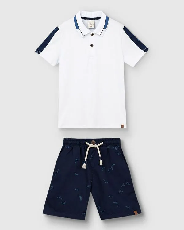 Conjunto Menino Camisa Polo + Bermuda Em Algodão Texturizado - Carinhoso Branco - 8