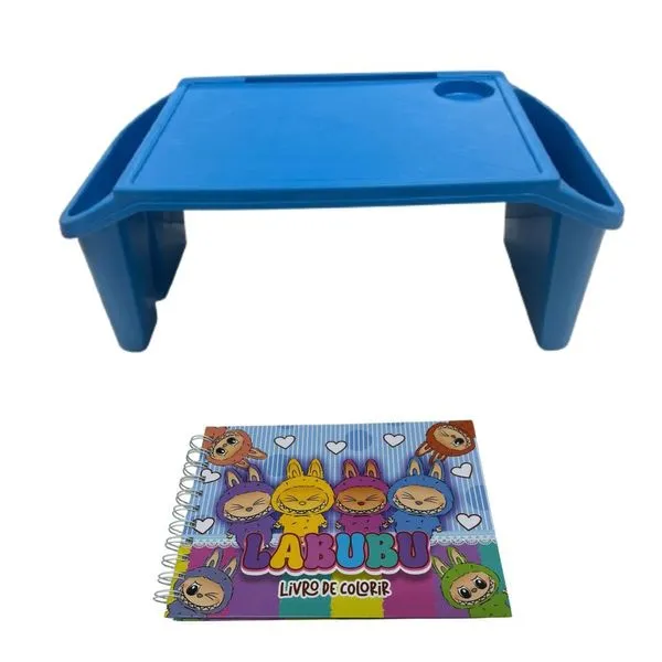 Mesa Apoio Infantil + Livro De Capa Dura – 48 Páginas Para Colorir, Criar E Aprender Bandeja Azul Lobubu Rosa