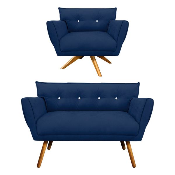 Kit 1 Namoradeira 2 Lugares e 1 Poltrona Giratória Anitta com Strass Suede Pés Palito Castanho - D'Rossi Azul Marinho
