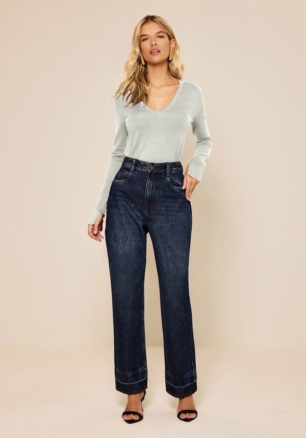 Calça Reta Jeans Cropped De Cintura Alta JEANS 46
