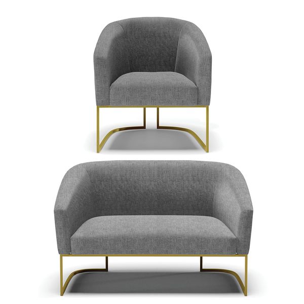 Sofá Namoradeira e Poltrona Industrial Dourado Stella Linho Grafite D03 - D'Rossi