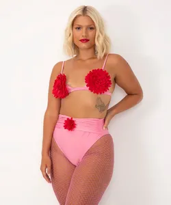 calcinha hot pant cavada com faixa e flor rosa PP
