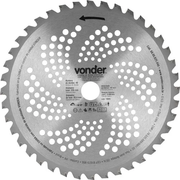 Lâmina circular com vídea para roçadeiras 255x25,4mm 40dentes - VONDER