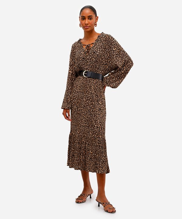 vestido midi feminino plissado animal print com cinto bege M